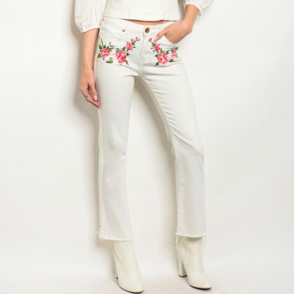 Denim - Raw Hem White Jeans with Embroidery